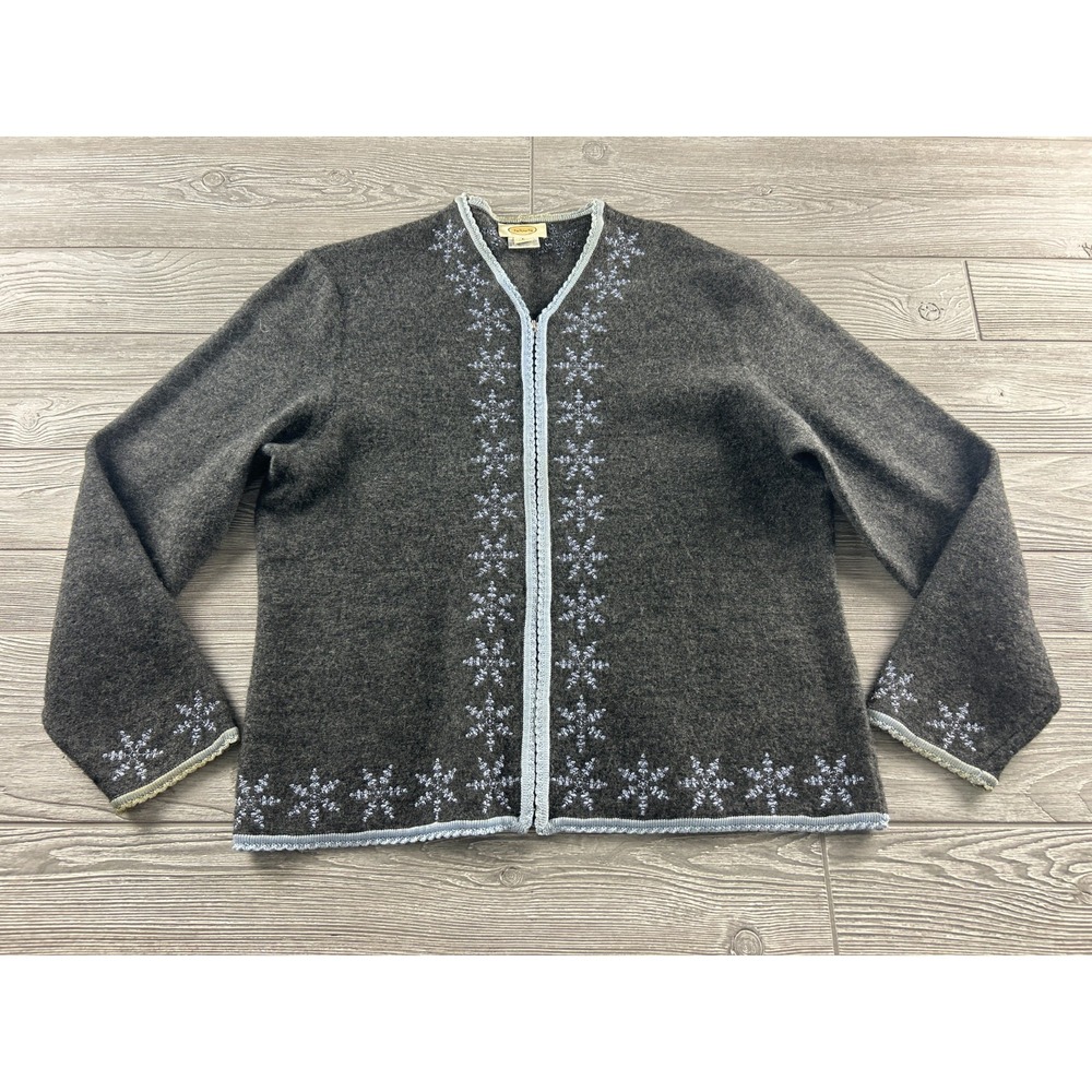 Talbots Zip Up Wool Sweater Grey Large Snowflake Design Crochet Hem Cardigan